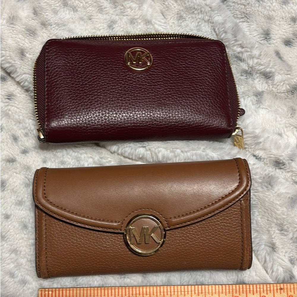 Michael Kors Burgundy and Brown Leather Wallet Duo